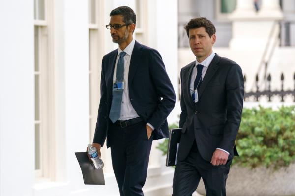 Alphabet CEO Sundar Pichai, left, and OpenAI CEO Sam Altman arrive to the White House